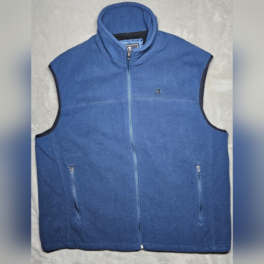 Champion vintage men's Sherpa lined full zip fleece vest XL Navy blue zip pocket
